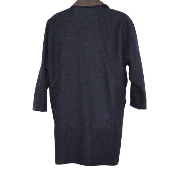 Vintage 80s JOFELD Medium Leather Trim Collar Navy Blue Wool Blend Coat USA - Picture 3 of 12